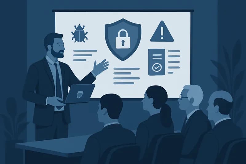 Security Audit Findings Presentation Security auditor presenting IT security audit findings and remediation recommendations